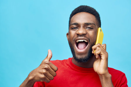 technology man phone advertisement black mobile african young background happy smile blank