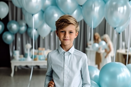 cute children balloon birthday childhood party boy kid little blue. Generative AI.の素材