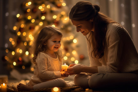 gift holiday new year lights kid present christmas caucasian family. Generative AI.の素材