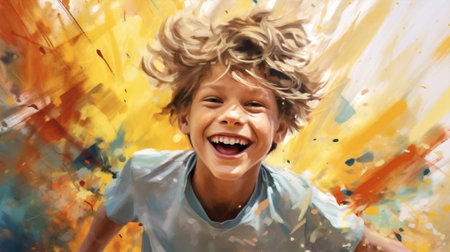 joy children portrait art paint cheerful childhood happiness face fun. Generative AI.の素材