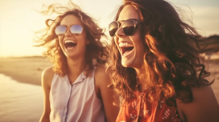 woman holiday young summer fun happy couple happiness adult friendship smiling. Generative AI.の素材