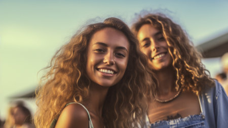 woman happy happiness smiling couple fun young adult holiday summer togetherness. Generative AI.の素材