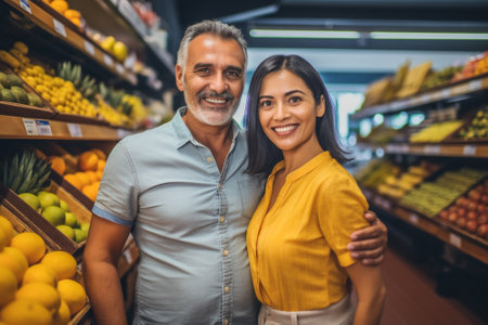 man woman food caucasian young shopping store couple adult healthy customer supermarket. Generative AI.の素材