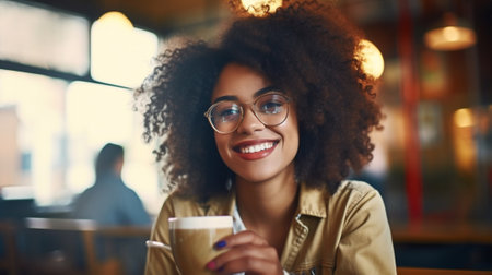 Mug woman expression lady lifestyle black happy cheerful drink smile american cafes afro home leisure cupの素材