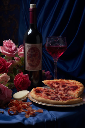 Celebrate woman green pizza tasty dinner drink glass love bottle foodの素材