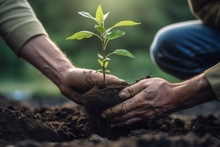 green agriculture tree nature planting spring gardening leaf growth hand. Generative AI.の素材
