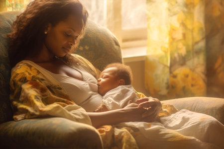 family woman daughter american motherhood mother home two people african baby newborn childhood. Generative AI.の素材