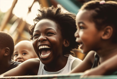 girl laughter fun coaster outdoors happy park family children rides roller. Generative AI.の素材