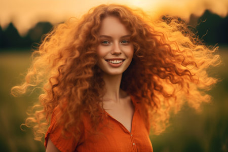 beauty woman face smile freckles young enjoying red portrait hair happy. Generative AI.の素材
