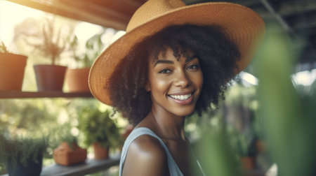 dress woman american attractive beauty african tropical lifestyle hat curly trendy greenhouse. Generative AI.の素材