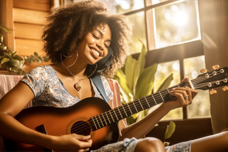 woman portrait musical beauty modern home teenager young guitar attractive lifestyle. Generative AI.の素材
