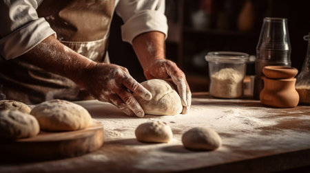 kitchen flour pastry chef hands cook dough baker knead food. Generative AI.の素材
