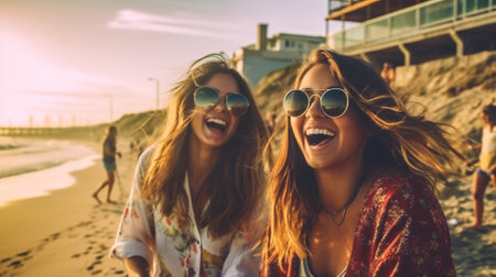 summer beauty young fun lifestyle sunglasses joy friends friendship happy. Generative AI.の素材