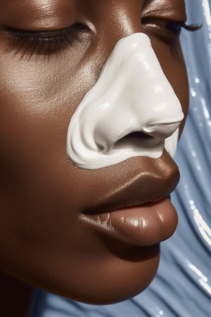 woman face african treatment eyes close beauty mask cream american care up skin. Generative AI.