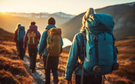 walking man travel lifestyle adventure hiking trekking mountain group nature tourist. Generative AI.の素材