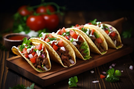 mexican fresh taco vegetable chili tomato sauce pepper food meal. Generative AI.の素材