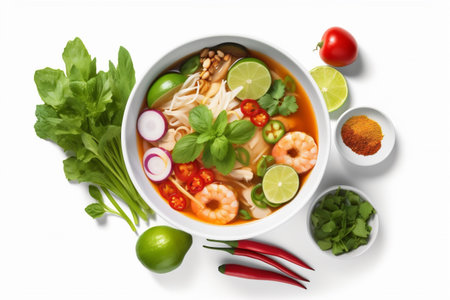 food bowl asian cookery traditional white background noodle dish broth soup. Generative AI.の素材
