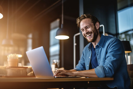 caucasian man laptop computer business technology office internet sitting cup businessman. Generative AI.の素材