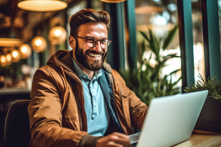 man laptop caucasian smart technology computer business office sitting internet businessman. Generative AI.の素材