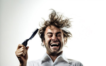 man surprised white head background hairstyle hair caucasian comb studio hairdresser barber. Generative AI.の素材