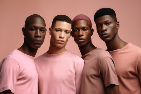lifestyle man african pink studio trendy friends black group fashion portrait. Generative AI.の素材