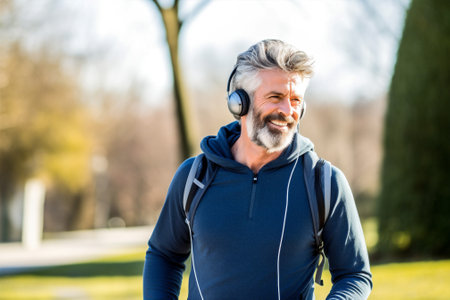 earphones lifestyle exercising outdoors caucasian old active sport fitness men run. Generative AI.の素材