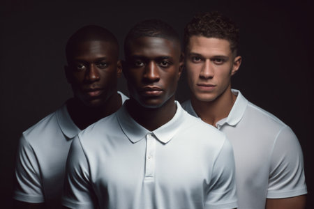 Fashion white group t-shirt ethnicity sport team final success black young men soccer modern portraitの素材