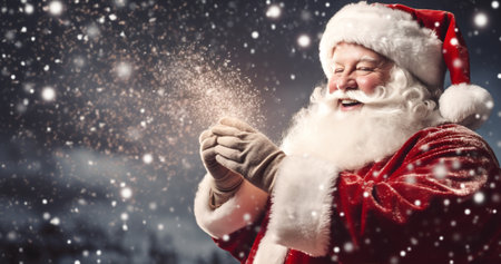 Red man santa holding beard happiness holiday winter snow christmas background smile glasses old xmasの素材