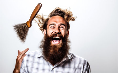 barbershop man studio hair white surprised caucasian hairstyle background hairdresser comb barber. Generative AI.の素材