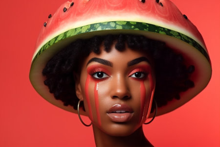 Woman fashion concept color red fresh watermelon summer art young portrait beauty attractiveの素材