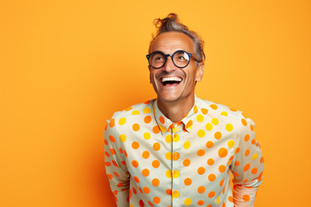 Polka man fashion dots male crazy white sunglasses hipster trendy background concept smiling silly styleの素材