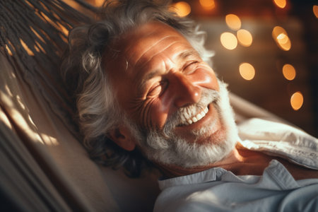 Man summer freedom smiling outdoors lying vacation hammock sunny happiness caucasian life resortの素材