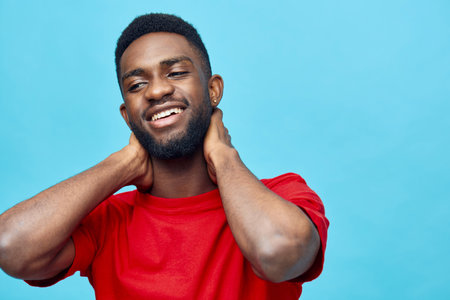 man guy background posing red american casual fashion american african portrait blue blackの写真素材