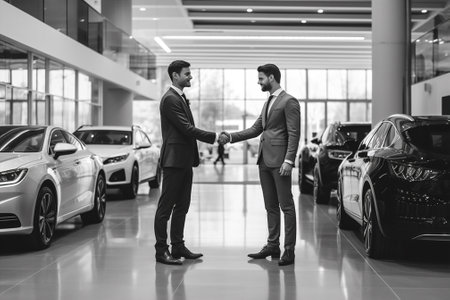 auto man dealer handshake car vehicle automobile dealership buyer salesman business. Generative AI.の素材
