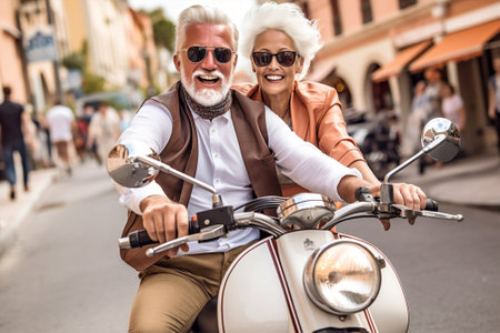 man woman adult cheerful bike old smile motorcycle friendship fun girlfriend trip. Generative AI.の素材