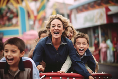 rides laughter girl happy children family outdoors roller fun park coaster. Generative AI.の素材