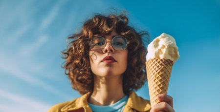 fun woman cool cream smile beauty hipster curly sunglasses ice summer. Generative AI.の素材