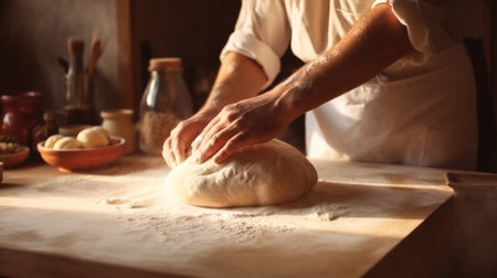 flour dough cook kitchen food pastry knead hands baker chef. Generative AI.の素材