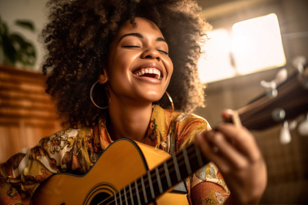 attractive woman happy lifestyle guitar musical teenager portrait home beauty young. Generative AI.の素材