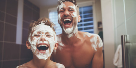Smiling little fun together bathroom water children family father cream childhood morningの素材