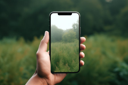 Outdoors application communication smartphone smart photograph 5g mobile technology screen phone hand natureの素材