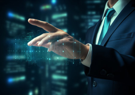 Tech technology virtual innovation concept screen code interface digital business hand securityの素材