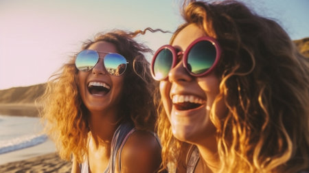 beauty friends joy fun young happy friendship lifestyle summer sunglasses. Generative AI.の素材