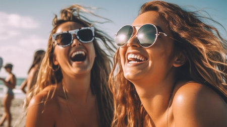 lifestyle friendship fun friends beauty sunglasses summer happy young joy. Generative AI.の素材