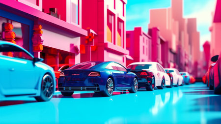 isometric cartoon illustration architecture house street building city car town. Generative AI.の素材