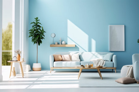 blue empty interior home modern design sofa room apartment wall furniture. Generative AI.の素材