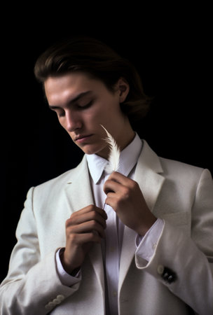 fashionable man handsome adult guy stylish young model feather portrait conceptual. Generative AI.の素材