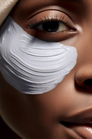 american woman cream young care african up close face skin beauty mask treatment. Generative AI.の素材