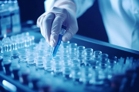 science tube medicine hand experiment test research medical biotechnology laboratory. Generative AI.の素材