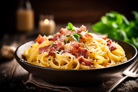 carbonara cheese meal pasta spaghetti food sauce meat bacon italian. Generative AI.の素材